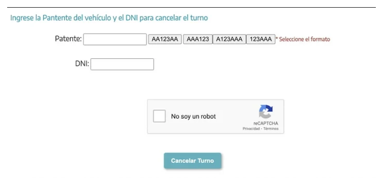 Pantalla para cancelar el turno de la VTV en Marcos Paz con patente y DNI